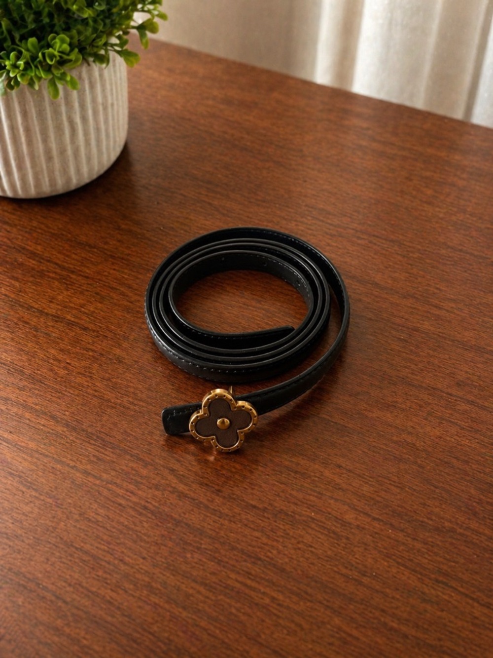 Black Leather Thin Belt with Gold Clover Buckle